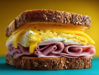 Ham and egg sandwich with melted cheese. It's layered with seed-studded whole grain bread. The sandwich has a yellow background contrasting with the teal surface