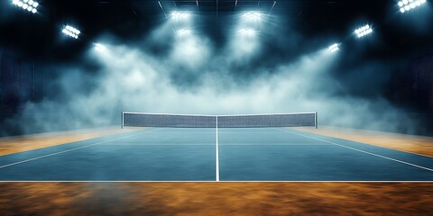 
A modern dramatic tennis court scene featuring. A foggy atmosphere with spotlight effects, ideal for sports promotions, tournament announcements, or dynamic event marketing

