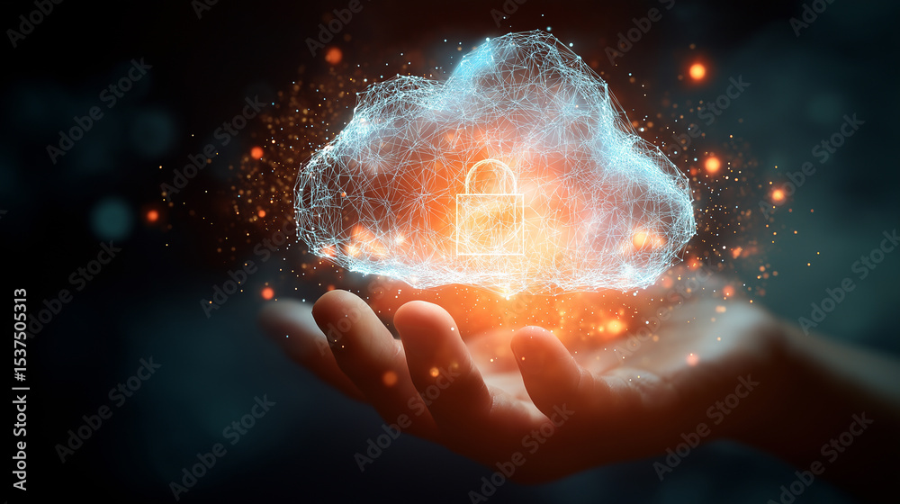 Wall mural human hand holding a glowing cloud of digital particles representing cloud computing and data transf