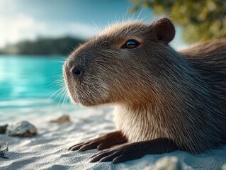 Capybara relaxing on sandy shore beside turquoise water, with blurry background of trees and sky. Close-up of the face, showcasing fur texture and bright, curious eyes