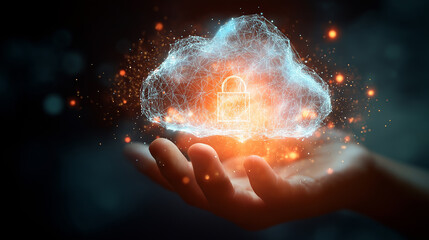 Human hand holding a glowing cloud of digital particles representing cloud computing and data transfer.
