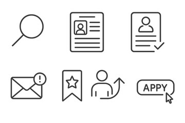 Job Search Icons. Line style icons of job search: magnifying glass, job listing, application form, job portal. email alert, saved