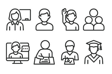 Educational Icon Set. Line style icons of teachers and students: teacher icon, student icon, raise hand, group learning. study