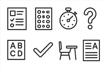 Exam Icons Collection. Line style icons of exams and testing: test paper, answer sheet, timer icon, question mark. grading scale,