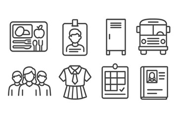 Student Life Icons. Line style icons of student life: school lunch, student ID, locker, bus ride. group photo, school uniform,