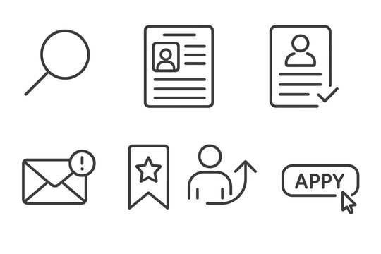 Job Search Icons. Line style icons of job search: magnifying glass, job listing, application form, job portal. email alert, saved