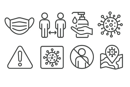 Public Health Icons. Line style icons of public health: face mask, social distancing icon, hand sanitizer, virus symbol. health
