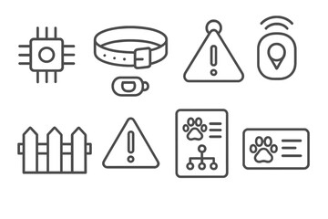 Pet Safety Icons. Line style icons of pet safety: microchip icon, safety collar, alert tag, GPS tracker. fence yard, warning sign,