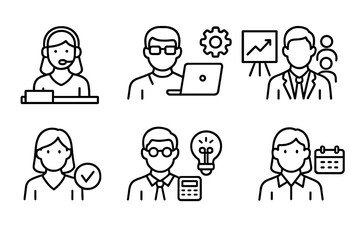 Job Role Icons. Line style icons of job roles: receptionist, IT support, sales manager, team lead. HR coordinator, accountant,