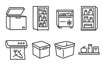 Food Storage Icons. Line style icons of food storage appliances: chest freezer, pantry fridge, refrigerated drawer, dry cabinet.