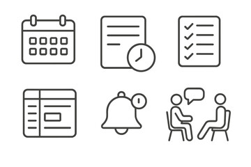 Rehabilitation Schedule Icons. Line style icons of rehabilitation schedule: calendar icon, appointment slot, daily log, therapy