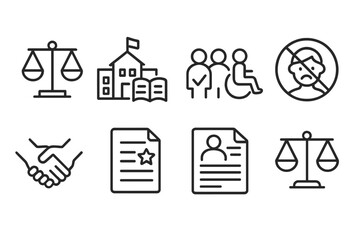 Inclusion Policy Symbols. Line style icons of inclusion policies: equity symbol, school rules, inclusive policy, anti-bullying