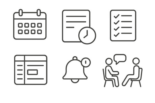 Rehabilitation Schedule Icons. Line style icons of rehabilitation schedule: calendar icon, appointment slot, daily log, therapy
