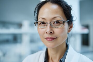 Smiling woman with glasses wearing a white coat, hair tied back, and subtle makeup. She appears confident and professional, standing in a blurred indoor setting with a soft focus
