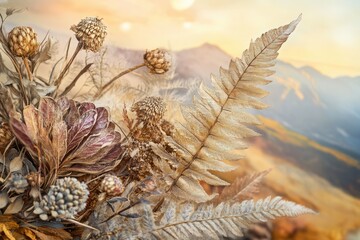 Artistic arrangement of dried flowers and fern against a blurred mountain landscape under a golden sky.
