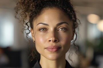 A woman with curly hair and hoop earrings looks directly at the camera with a neutral expression. Her skin appears glowing and smooth, with subtle makeup highlighting her features