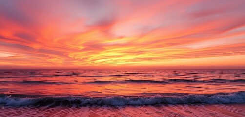 Fiery orange and pink sunset paints the sky above a tranquil ocean, waves gently lapping the shore,  evening,  dusk