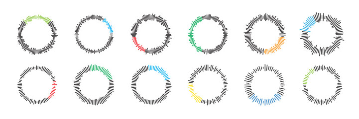 Circular sound waves set. Music waveforms. Radial audio waves. Round equalizer shapes. Geometric line pattern. Abstract vector illustration.