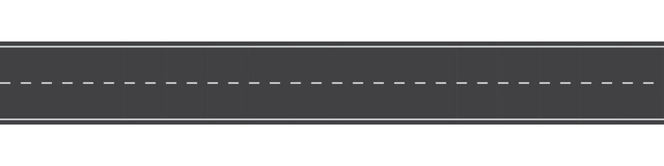 Top view of straight road. Black direct road with dashed center lines isolated on white background. Straight race track. Two-lane asphalt highway. Seamless vector illustration.