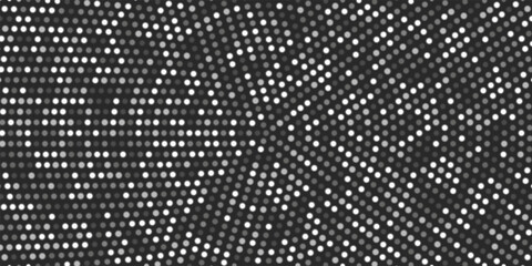 Glowing silver halftone dot background. Bright circular lights grid on dark. White grey futuristic and vibrant texture pattern. Geometric minimal digital design. Abstract vector illustration.