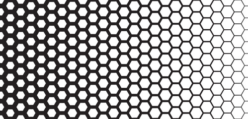 Hexagonal grid pattern with gradient line thickness. Black and white geometric honeycomb design transitioning from bold to thin outlines. Abstract vector illustration.