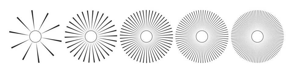 Sun icons with radial rays. Set of sunburst and starburst elements with varying line thickness and density. Retro comic or vintage engraving style rays. Abstract vector illustration.