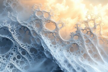 A complex, intricate fractal structure with numerous interconnected circles fading from a pale blue to a warm, golden hue background.