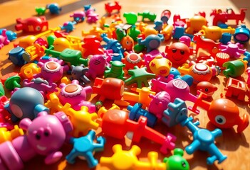 Brightly colored toys scattered on a sunny floor,  happy,  education