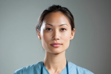 Young woman with tied-back hair wearing blue medical scrubs, looking confidently at the camera. No text appears in the image. She exhibits a calm and professional demeanor