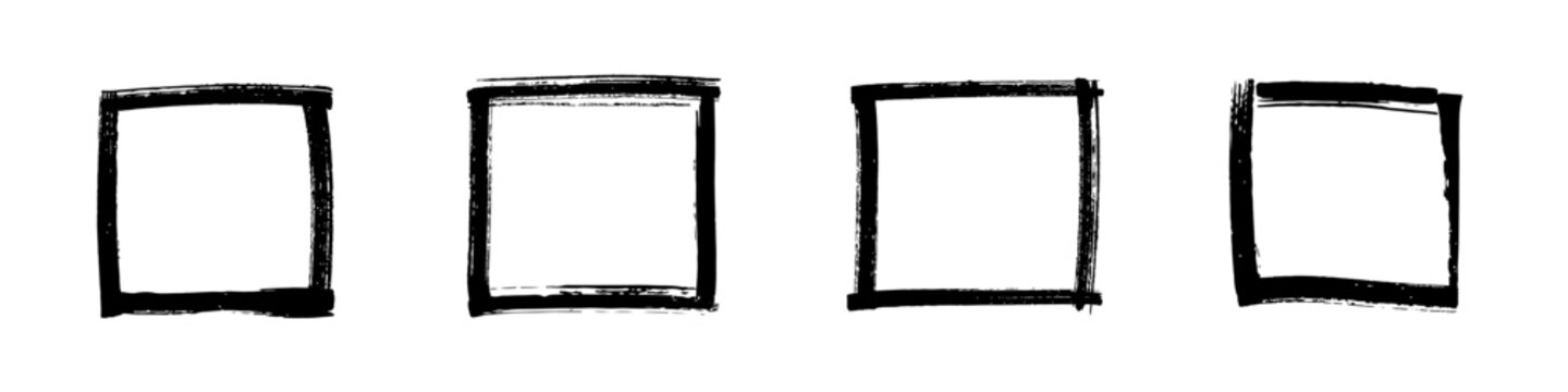 Hand-drawn square frames in black marker style. Grunge rectangular borders with rough brush strokes isolated on white background. Sketchy frames for design, notes, social media. Vector illustration.