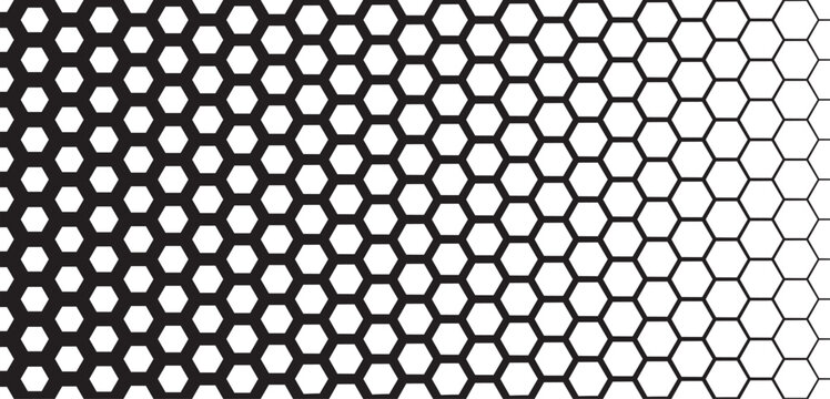 Hexagonal grid pattern with gradient line thickness. Black and white geometric honeycomb design transitioning from bold to thin outlines. Abstract vector illustration.