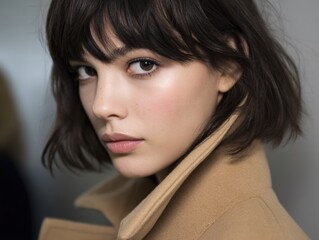 Young woman with short, dark brown hair and bangs stylishly gazes sideways wearing a beige coat with a high collar visible. Her complexion is smooth, with subtle makeup highlighting features