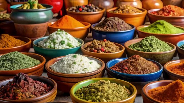 Assorted colorful spices and herbs powders, seeds, grains in ceramic bowls for Indian and Middle Eastern cuisine, cooking ingredients