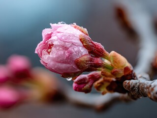 Pink cherry blossom bud with water droplets on a brown branch, partially open near smaller buds. Soft focus background, emphasizing the delicate textures of the petals