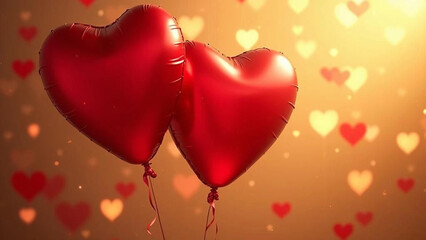 Red heart shaped balloons with golden background. 