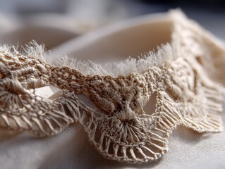 Fototapeta premium Intricate beige lace with textured embroidery and delicate frayed edges, displayed on soft, light fabric. The pattern features detailed, symmetrical designs, creating an elegant, vintage look