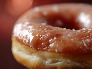 Close-up of a glazed donut with a shiny, sugary coating, highlighting its texture and circular shape. Few granules of sugar are visible on the glaze, adding a touch of sparkle