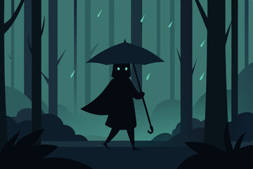 Mysterious Figure Under Umbrella in Enchanting Dark Forest