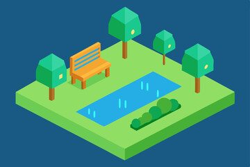 Serene Park Scene Isometric Illustration of a Tranquil Park with Bench and Pond