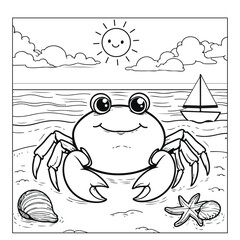 “Cute Crab at the Beach Coloring Page for Kids – Fun Ocean Scene Printable”