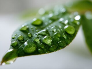 Green leaf with numerous water droplets glistening on its surface, creating a fresh and vibrant look. The leaf is sharply focused, with a soft, blurred background enhancing the detail