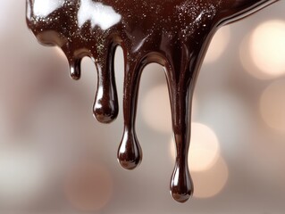 Rich, glossy chocolate drips in close-up, showing texture and shine. The melted chocolate forms smooth droplets, capturing light and creating reflections, suggesting sweetness and indulgence