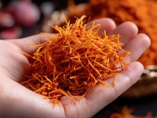 A hand holds vibrant orange-red strands with a blurred background of similar material. The strands are fine and delicate, suggesting they are a spice or herb for culinary use