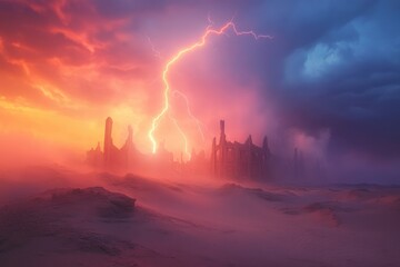 Eerie ruins amidst a dusty, otherworldly landscape are illuminated by a dramatic flash of lightning during a vibrant, contrasting sunset.