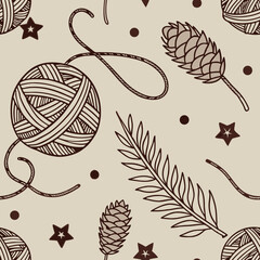 Crafting inspiration with yarn, pine cones, and foliage patterns on a neutral background in a cozy creative space Generative AI