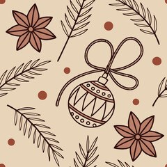 Festive holiday decorations with hand-drawn ornaments and floral elements on a warm beige background Generative AI