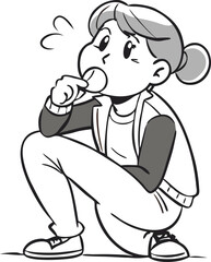 Cheeky Chinese Girl Blowing Bubble Gum in Denim Jacket and Leggings – Playful Line Art Character Illustration