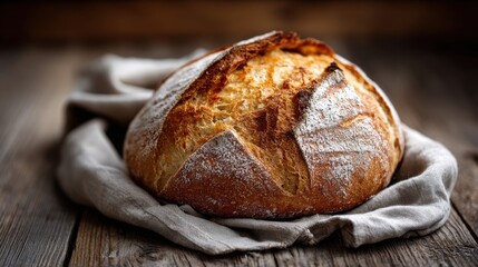 Warm, golden artisanal bread sits on a soft cloth in a cozy kitchen. The crust is perfectly browned, showcasing a delightful texture. This bread is ready to be enjoyed.