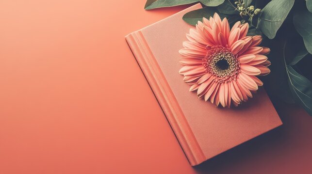 Coral-toned flat lay featuring a soft pink book and a gerbera flower