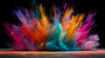 Vibrant explosion of colorful powder on black background creating a dynamic visual effect.

